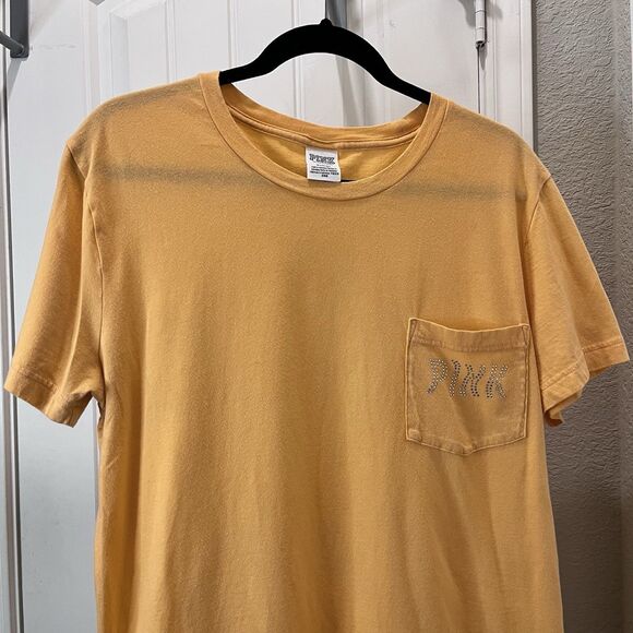PINK Victorias Secret Women Shirt M Orange Rhinestone Bling Crew Neck Pullover - Picture 2 of 11